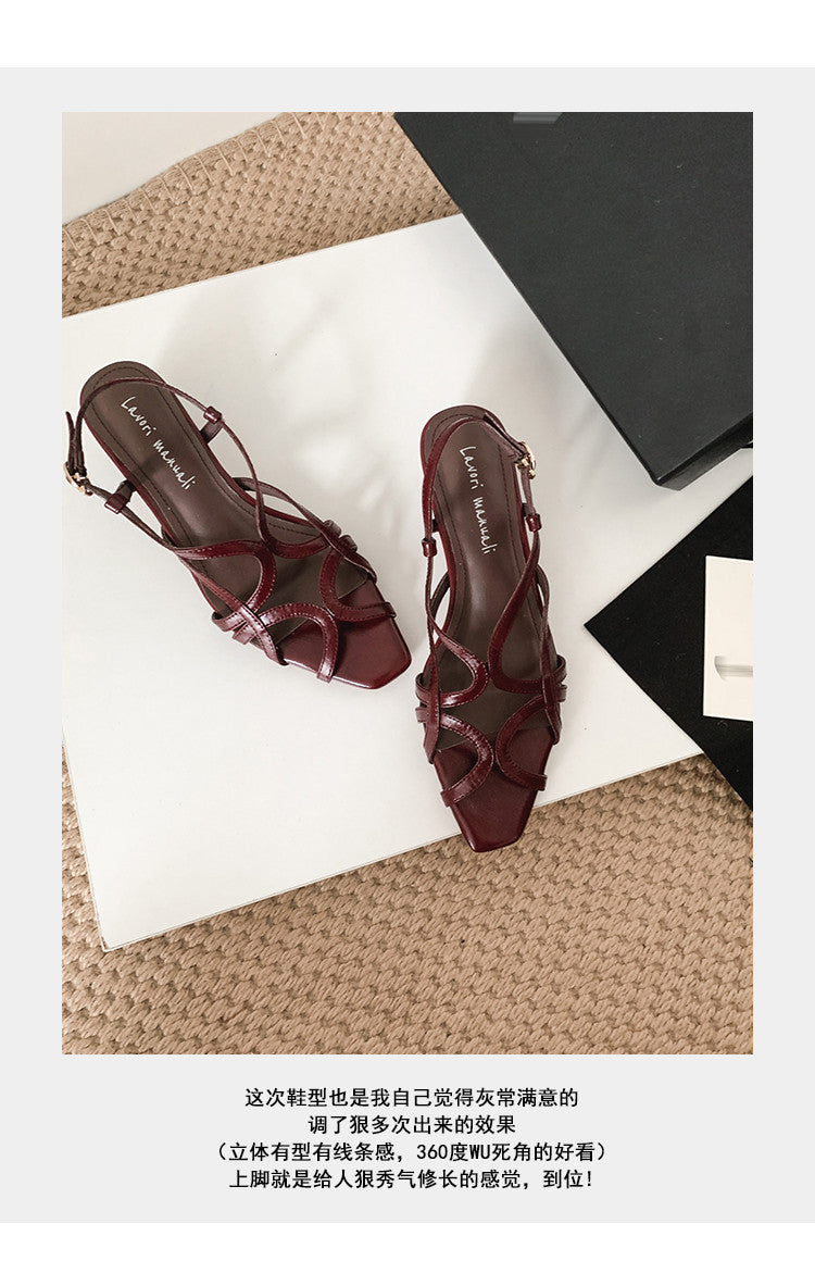 Karin Luna French Hollow Style Small Square Toe Chunky Heel Sandals
