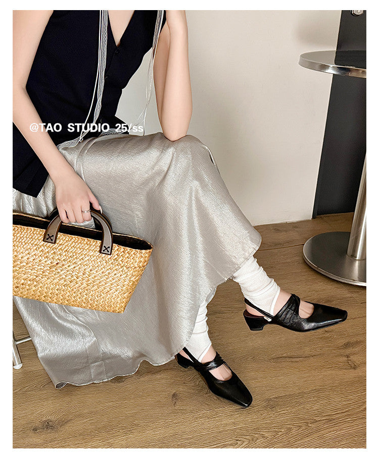 Karin Luna In Stock  Spot Goods Small Square Toe Wrinkled Chunky Heel Closed-Toe Sandals