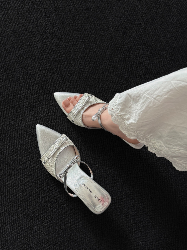 Karin Luna Fish Skin Series~Pointed Toe Irregular Heel Bowknot Strap Slippers