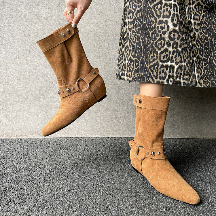 Karin Luna has prepared stock  Hot-Selling Retro Pointed Toe Wedge Metal Buckle High Tube Western Boots