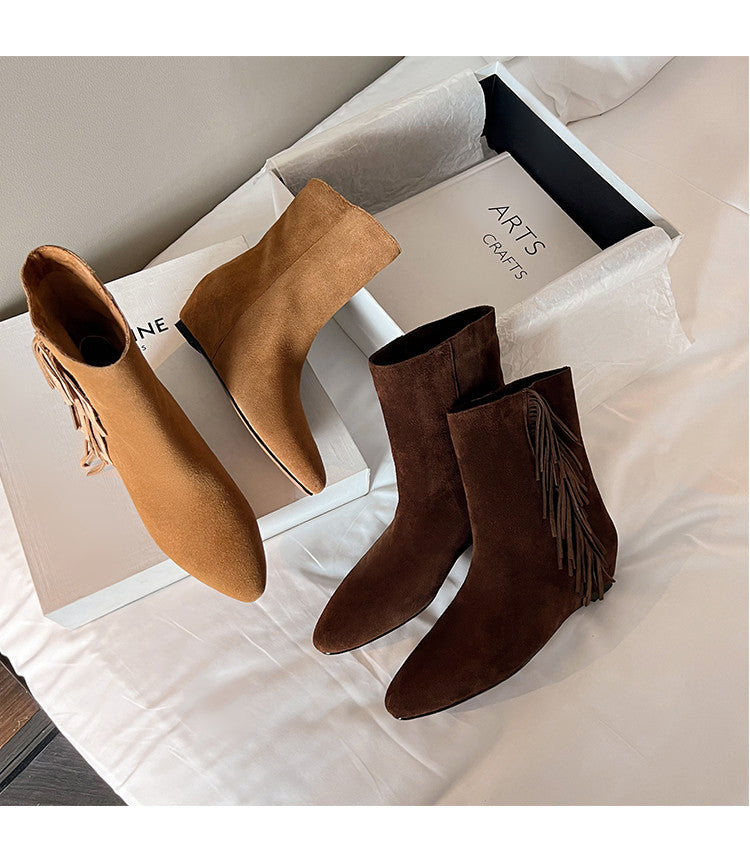 Karin Luna In Stock Spot Goods Tassel Square Toe Hidden Wedge Short Boots