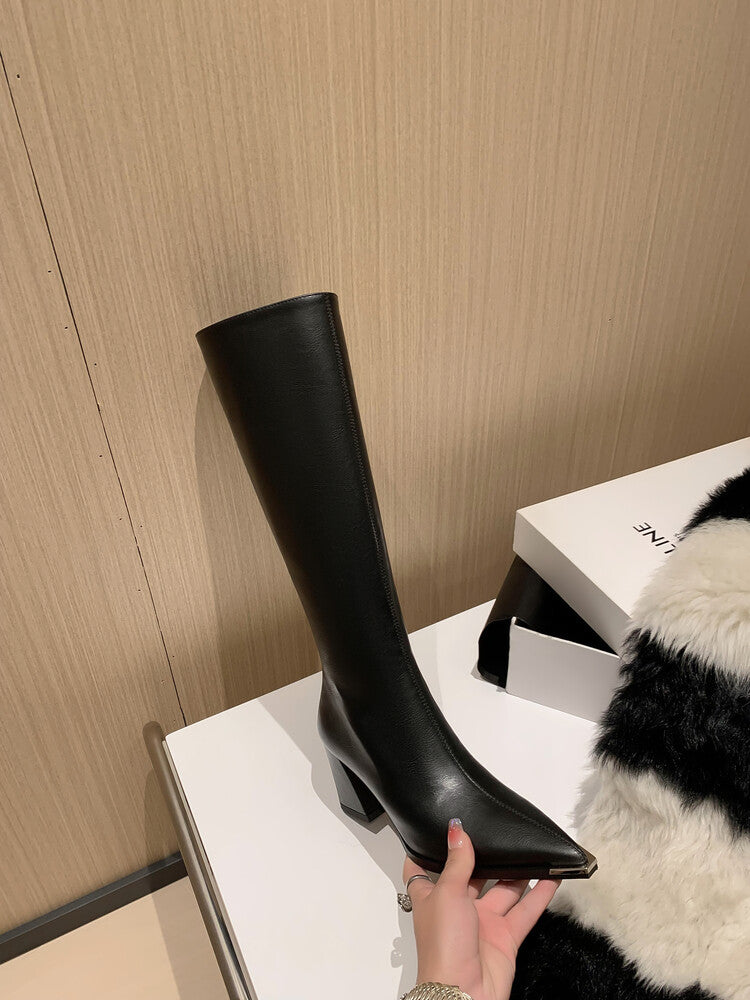 Karin Luna In Stock  In Stock Elegant Metal Pointed Toe Chunky Heel Full Cowhide Leather Riding Boots