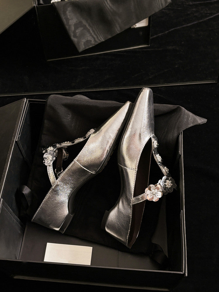 Karin Luna In Stock Spot Goods  T Handmade Sequin Flower Square Toe Height-Increasing Closed-Toe Slippers