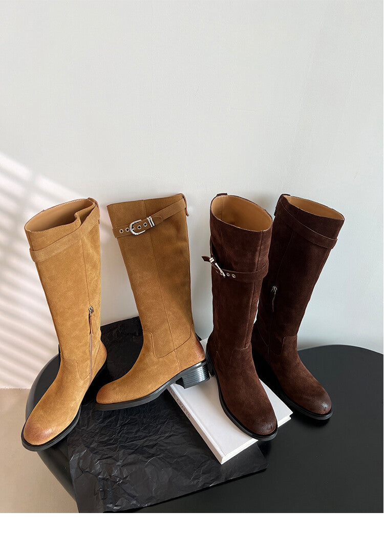 Karin Luna Chunky Heels Round Head Belt Buckle  Fashionable Suede Boots
