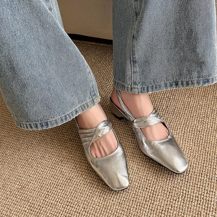Karin Luna In Stock  Spot Goods Small Square Toe Wrinkled Chunky Heel Closed-Toe Sandals
