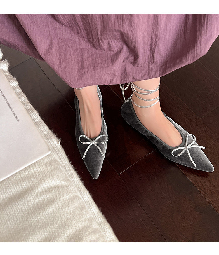 Karin Luna In Stock In Stock Retro Velvet Pointed Toe Bowknot Single Shoes
