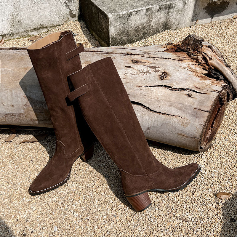Karin Luna In Stock Spot Goods Retro Cowhide Leather Chunky Heel Suede Long Boots