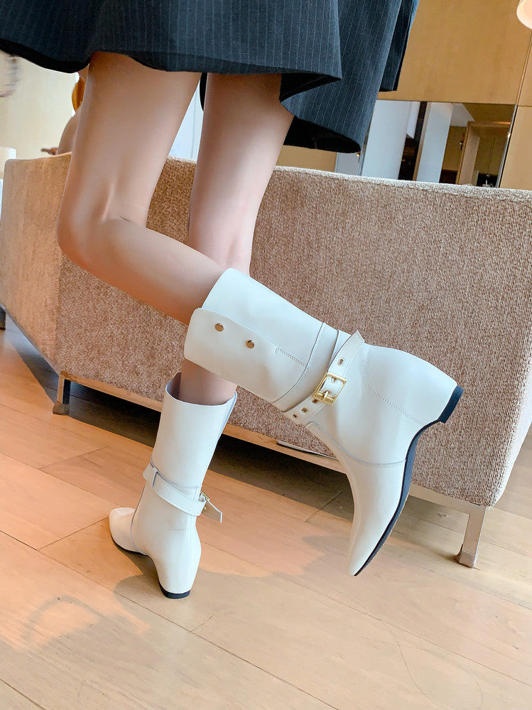 Karin Luna Foldable Belt Buckle Square Toe Hidden Wedge Short Boots