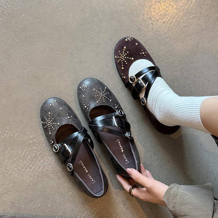 Karin Luna In Stock Spot Goods Studded Rivet Hidden Wedge Mary Jane Shoes