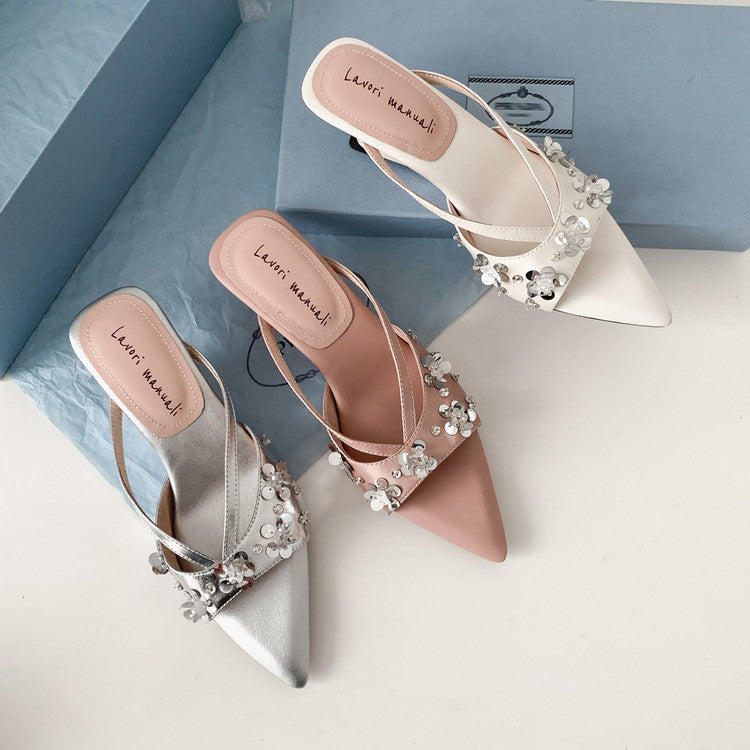 Karin Luna Bestseller Sequin Elements Elegant Pointed Toe Irregular Heel Slippers