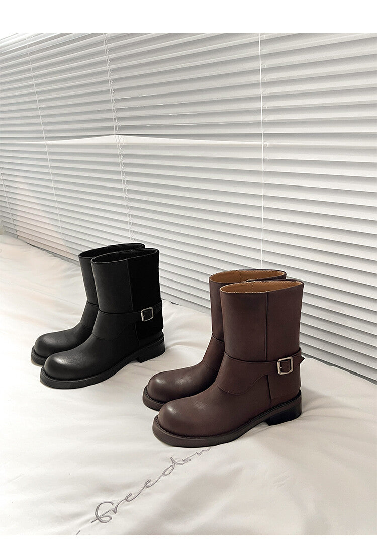 Karin Luna Belt Buckle Chunky Heel Fashion Short Boots