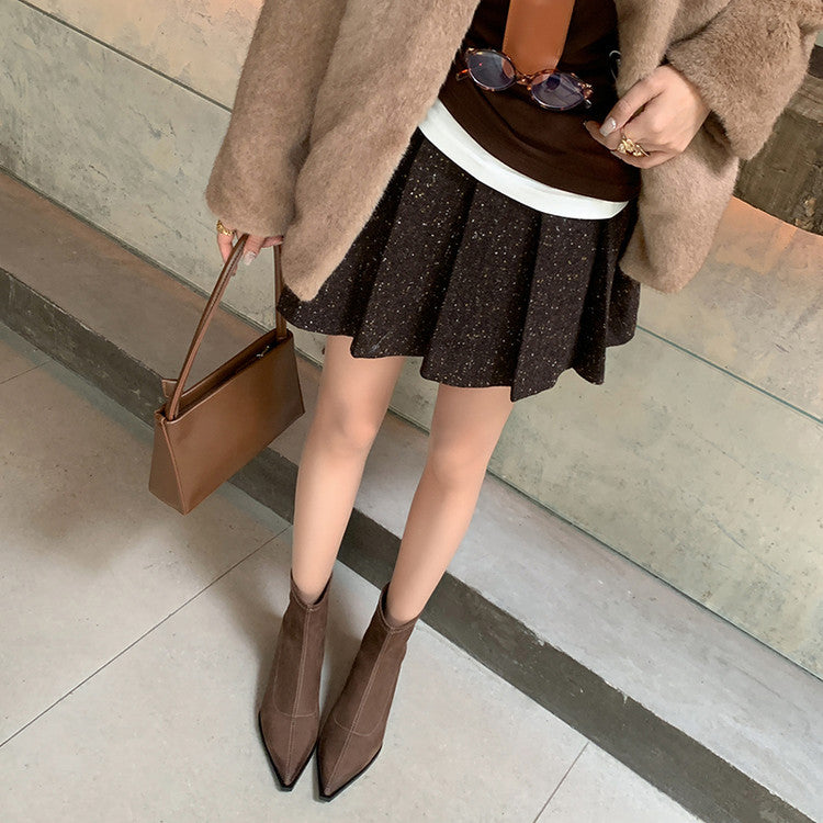 Karin Luna In Stock In Stock Elastic Slim Pointed Toe Chunky Heel Basic Ankle Boots