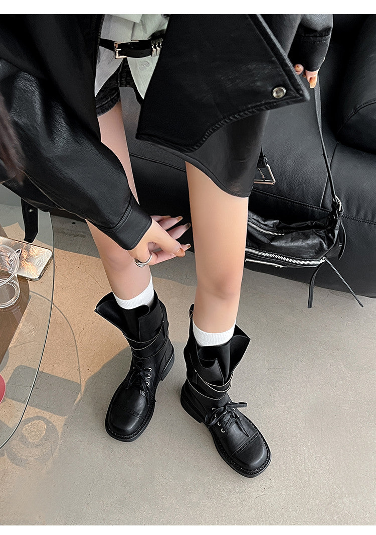 Karin Luna Bestseller Hot-Selling Large Tube Leather Belt Buckle Round Toe Thick-Soled Short Boots