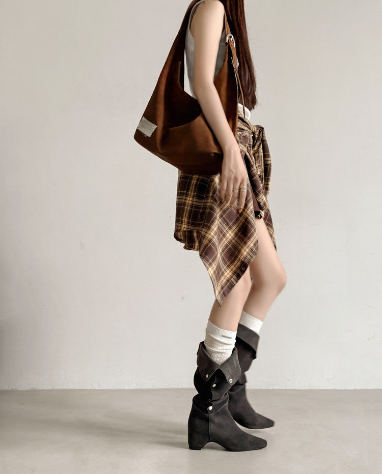 Karin Luna Bestseller Hot-Selling Hidden Buckle Lazy Style Square-Toe Height-Increasing Suede Western Boots