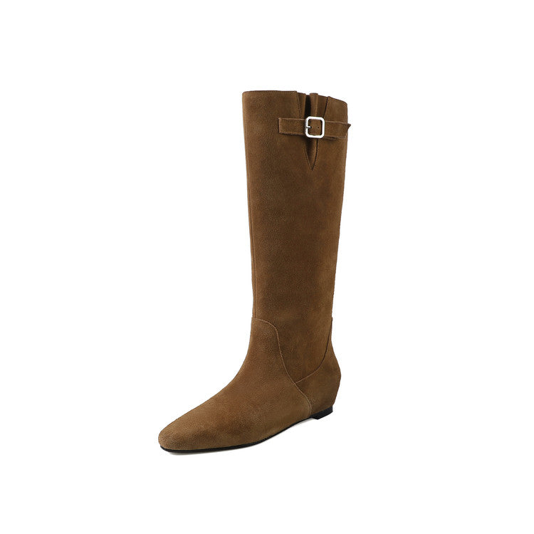 Karin Luna In Stock Spot Goods Vintage Cowhide Leather Chunky Heel Height Increasing Long Boots