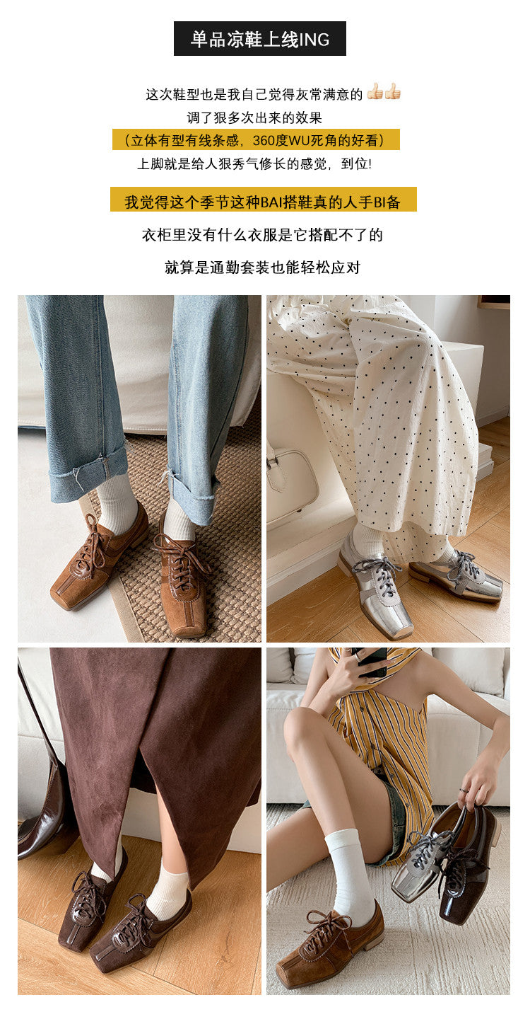 Karin Luna In Stock Spot Goods   Pig Nose Thin Strap Square Toe Patchwork Single Shoes