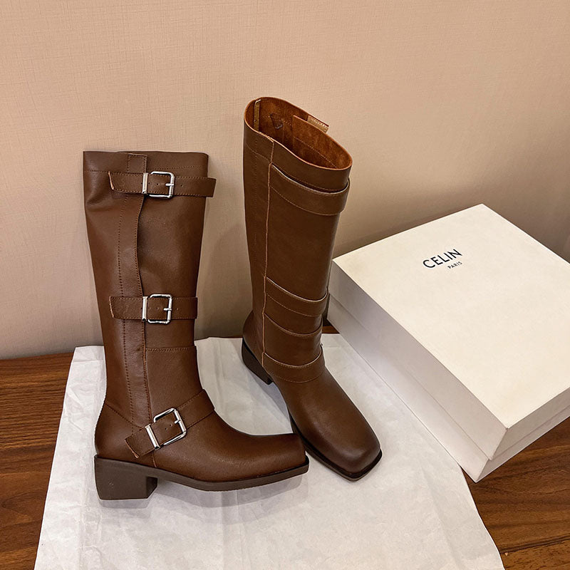 Karin Luna In Stock In Stock European and American Style Square Toe Thick Sole Belt Buckle Long Boots