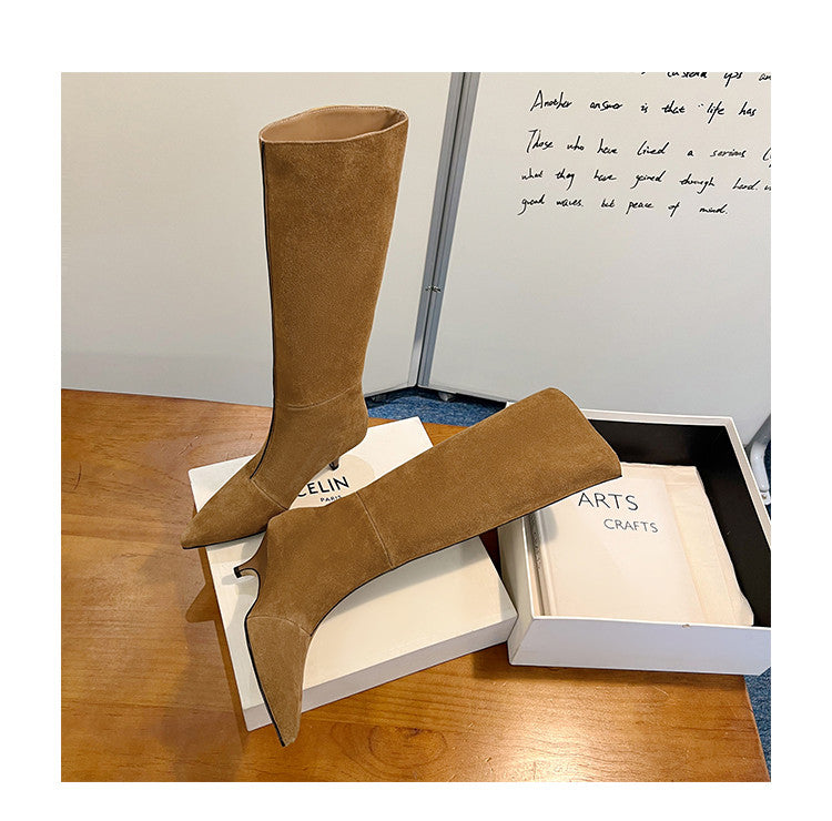 Karin Luna In Stock Spot Goods Retro Cowhide Pointed Toe Stiletto Elegant Long Boots