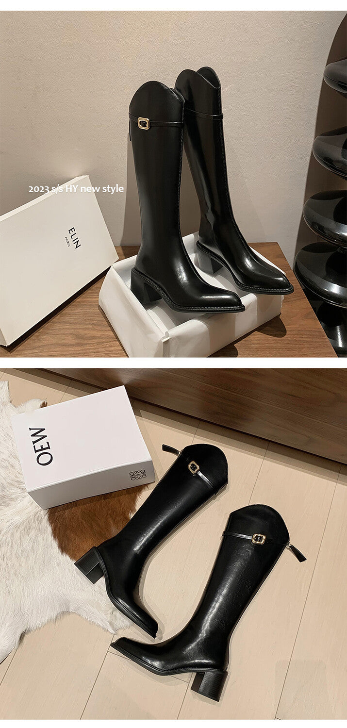 Karin Luna Bestseller  Popular Understood everything  Basic Elegant Outfit Pointed Toe Chunky Heel Full Cowhide I Am A Knight Boots