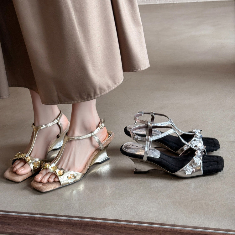 Karin Luna Hot-Selling Sequin Floral Series ~  Square Toe Irregular Heel Square Toe Sandals