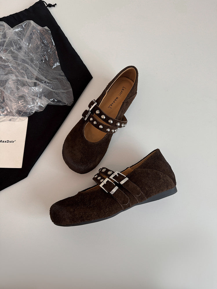 Karin Luna Hot Item Hot Item Punk Style One-Strap Round-Toe Suede Leather Height-Increasing Flats
