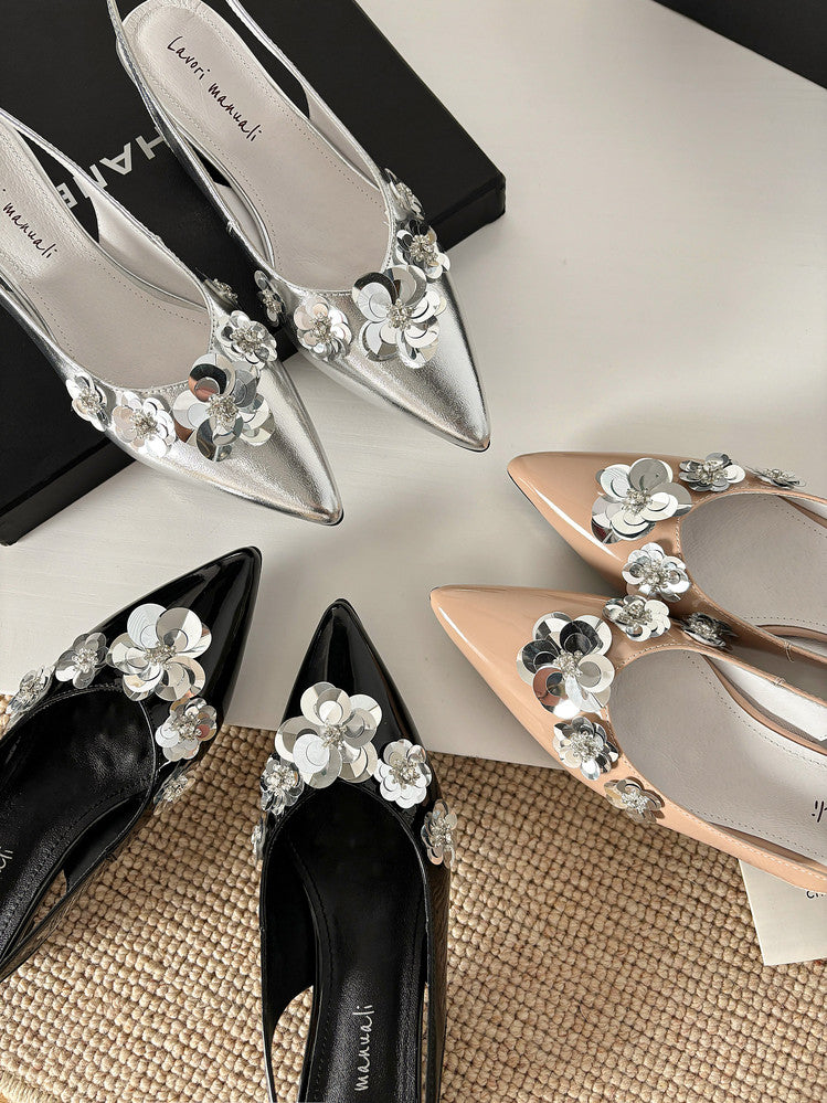 Karin Luna In Stock In Stock  Sequin Floral Pointed Toe Chunky Heel Closed-Toe Sandals