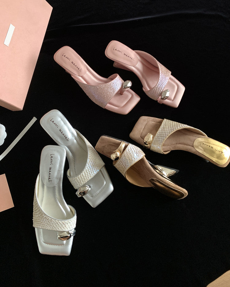 Karin Luna Fish Skin Series~Minimalist Square Toe Popular Irregular Heel Slippers