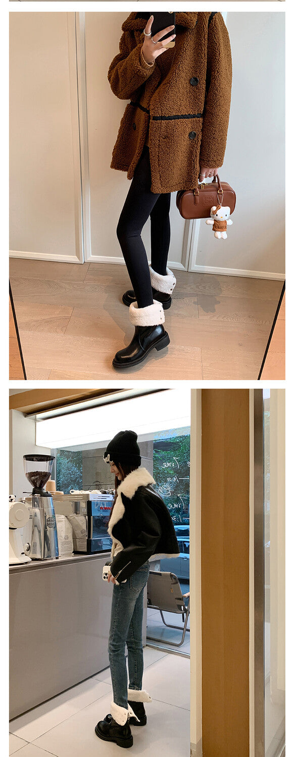 Karin Luna Classic Basic Style   Convertible Foldable Hidden Buckle Snow Fur Shoes Full cowhide Basic Flat Short Boots