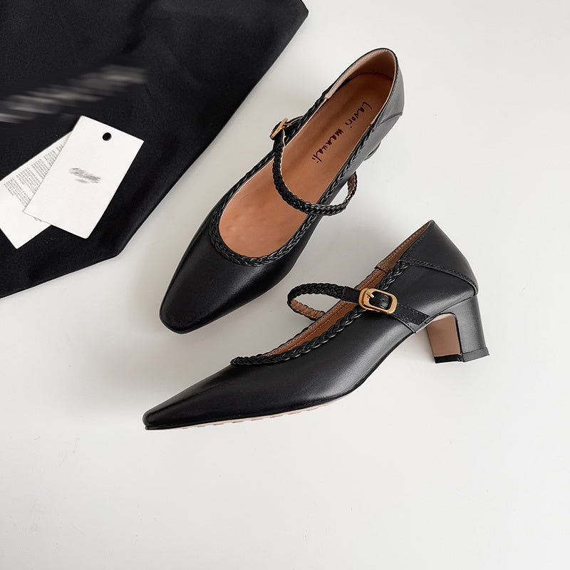 Karin Luna Braided Element Design Chunky Heel Square Toe Single Strap Shoes