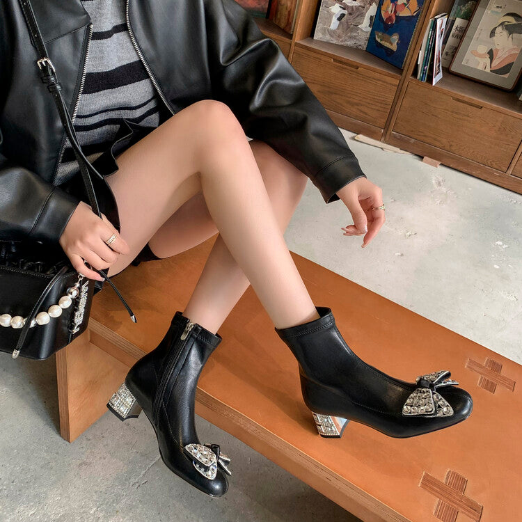 Karin Luna In Stock   Rhinestone Bow Thick Heel Slim Boots