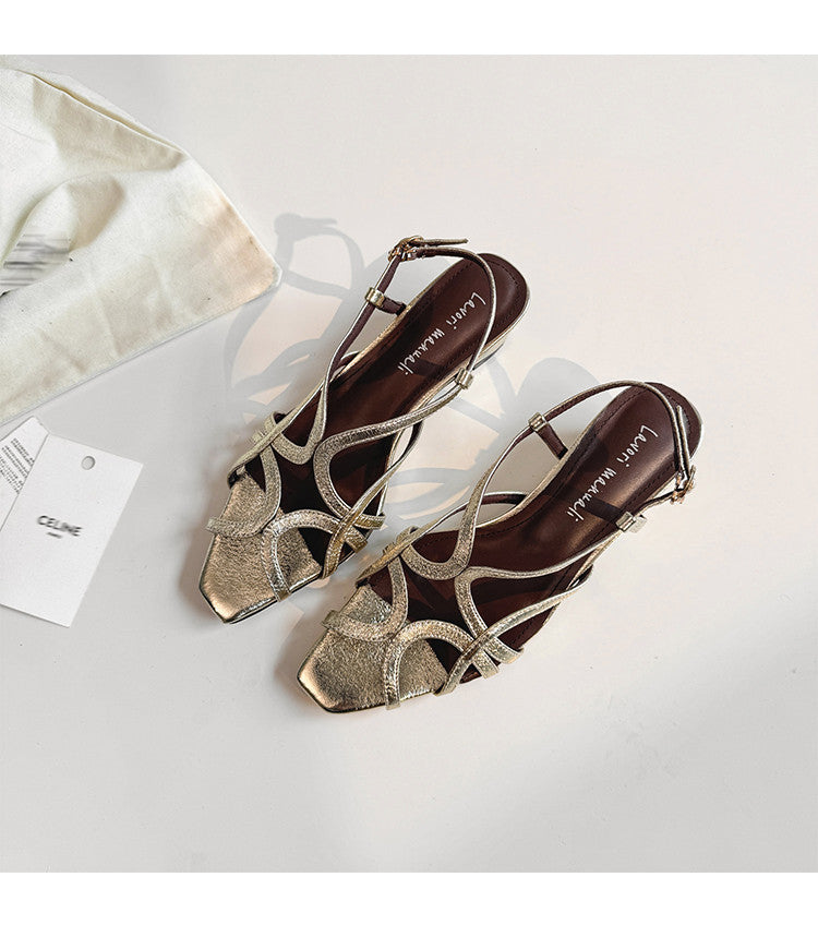 Karin Luna French Hollow Style Small Square Toe Chunky Heel Sandals