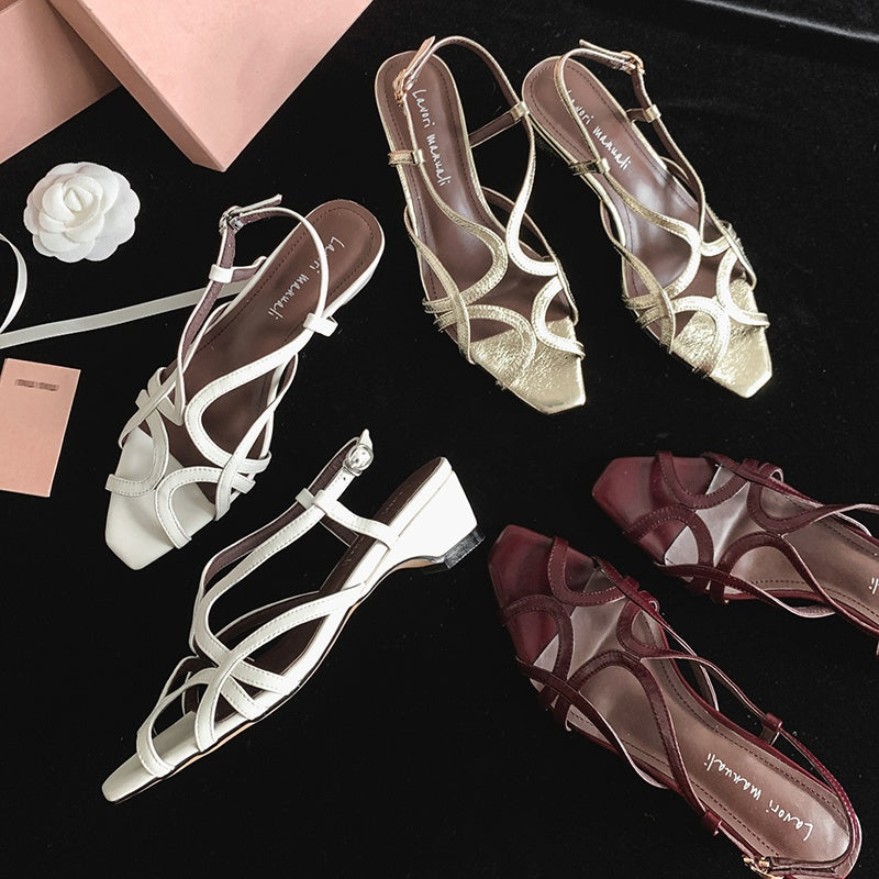 Karin Luna French Hollow Style Small Square Toe Chunky Heel Sandals