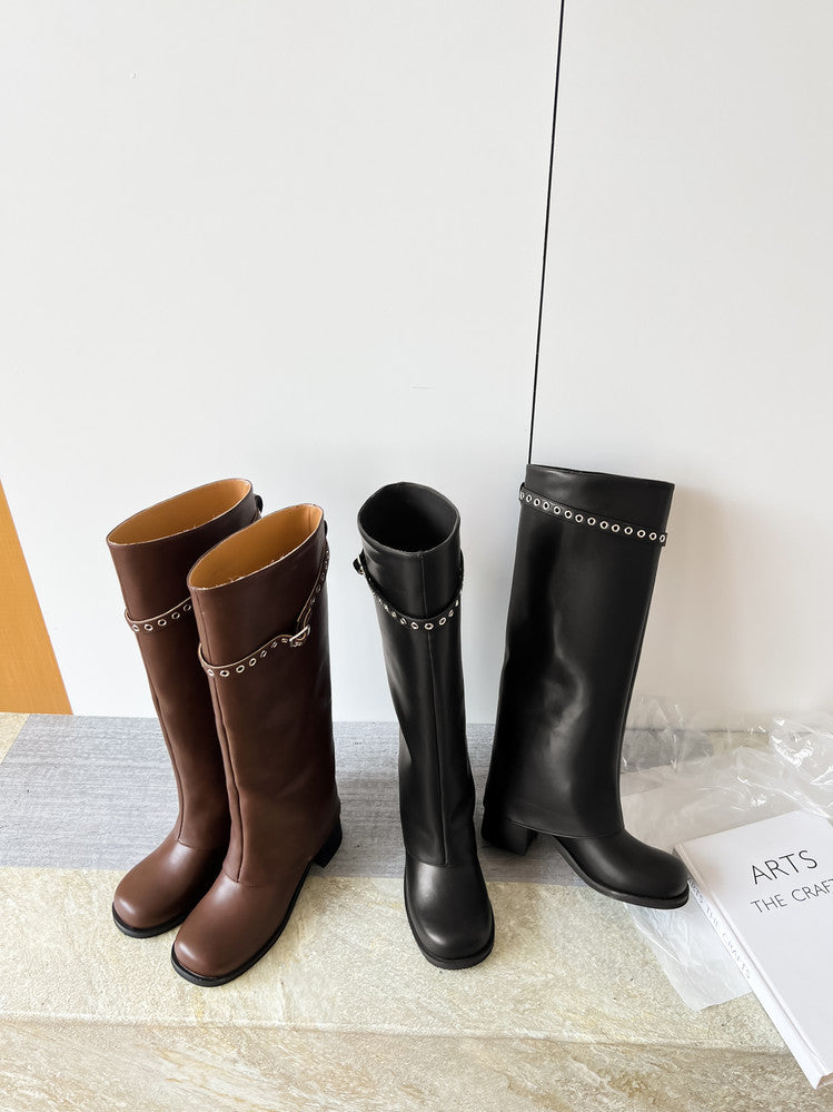 Karin Luna In Stock Spot Goods Belt Buckle Color-Washed Casual Thick-Soled Bootcut Pants Boots