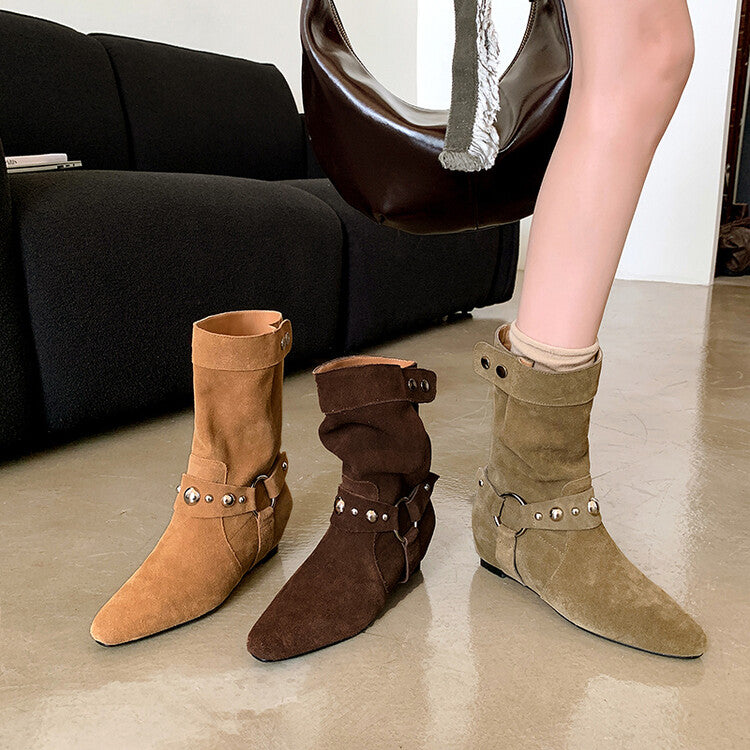 Karin Luna has prepared stock  Hot-Selling Retro Pointed Toe Wedge Metal Buckle High Tube Western Boots