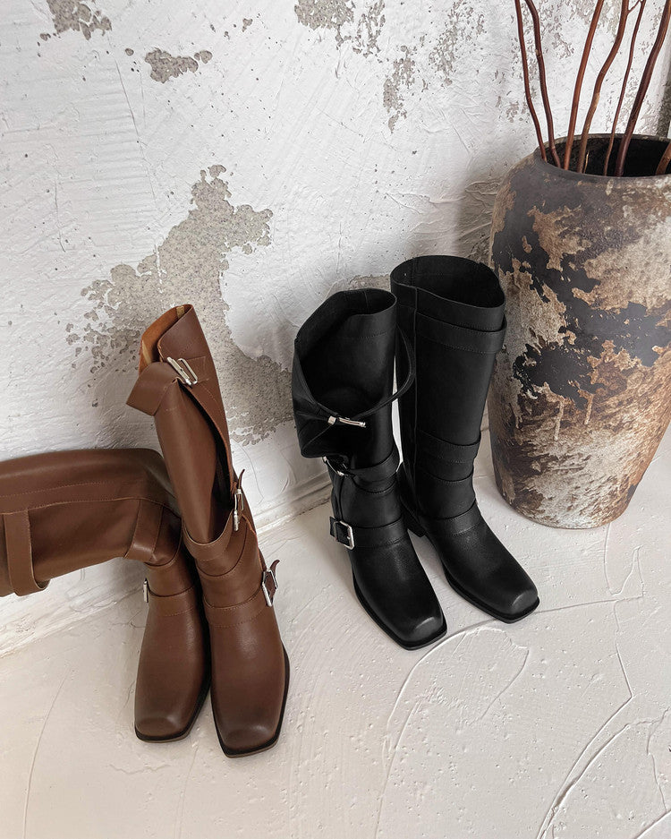 Karin Luna In Stock In Stock European and American Style Square Toe Thick Sole Belt Buckle Long Boots