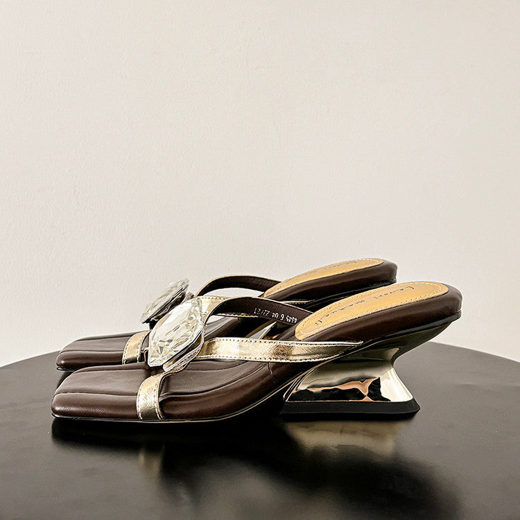 Karin Luna In Stock Spot Goods Rhinestone Square Toe Irregular Heel Slippers