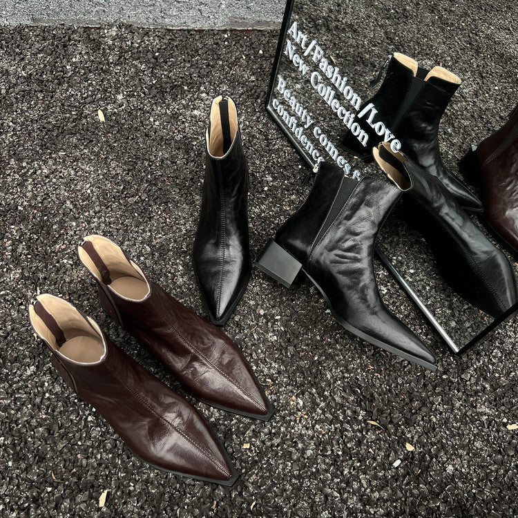 Karin Luna In Stock Spot Goods Elegant Stretch Fabric Patchwork Pointed Toe Chunky Heel Short Boots