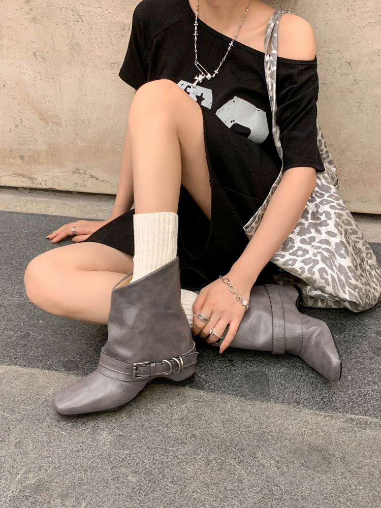Karin Luna Data Hot Item Square Toe Hidden Wedge Belt Buckle Suede Ankle Boots