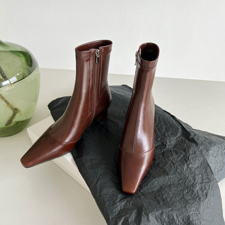 Karin Luna Elegant Small Square Toe Chunky Heel Slim Boots