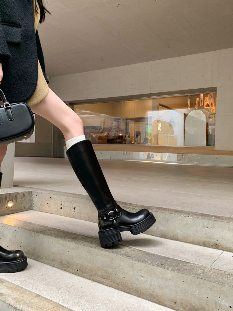 Karin Luna In Stock Spot Goods Round Toe Thick Sole Belt Buckle Straight Long Boots