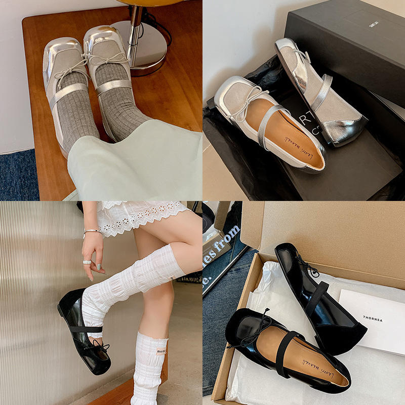 Karin Luna In Stock Spot Goods    Color Block Cowhide Leather Square Toe Slip-On Height Increasing Bowknot Flats