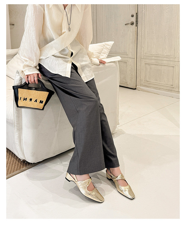 Karin Luna In Stock  Spot Goods Small Square Toe Wrinkled Chunky Heel Closed-Toe Sandals