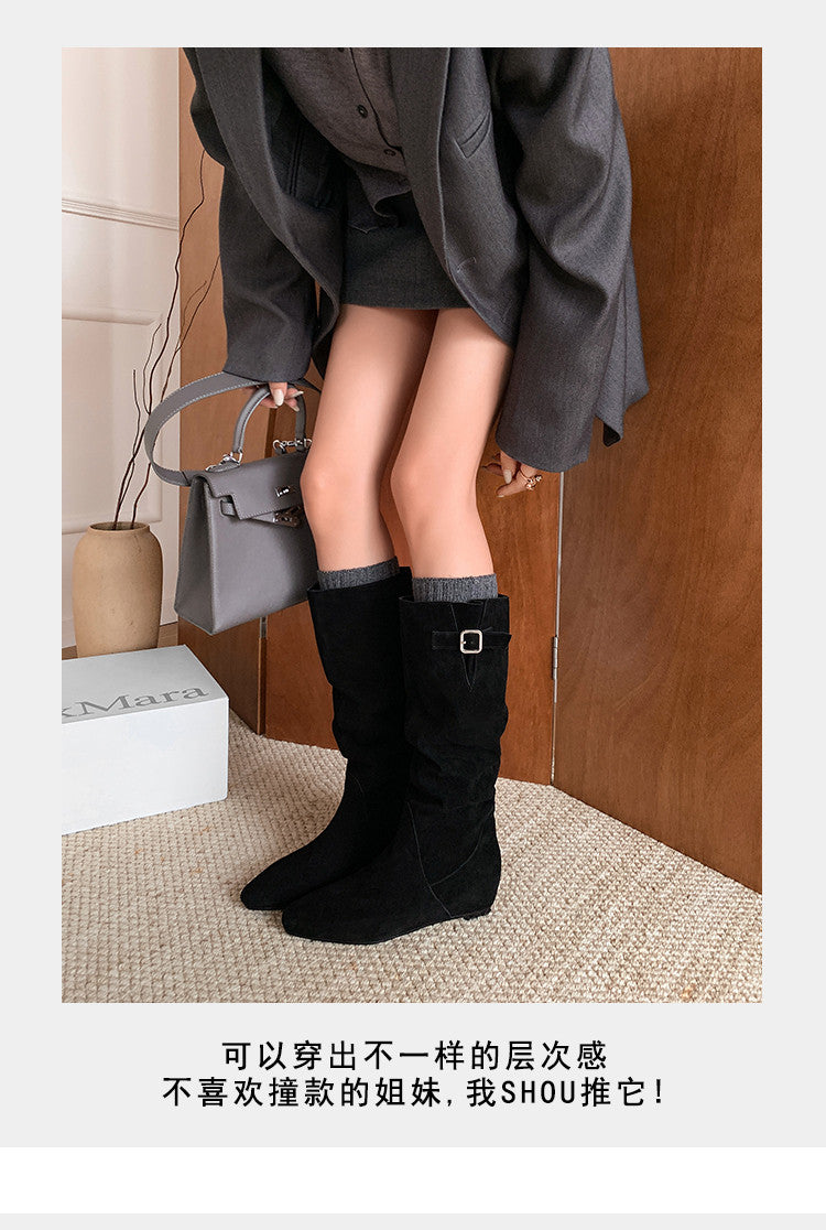 Karin Luna In Stock Spot Goods Vintage Cowhide Leather Chunky Heel Height Increasing Long Boots