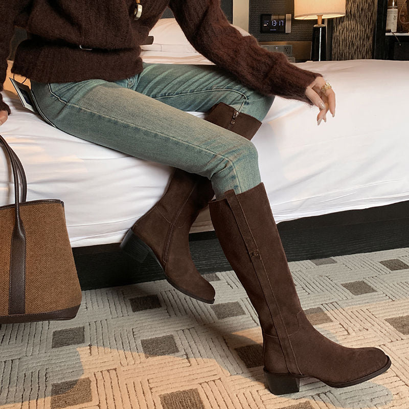 Karin Luna In Stock Spot Goods Basic Retro Square Toe Chunky Heel Riding Boots