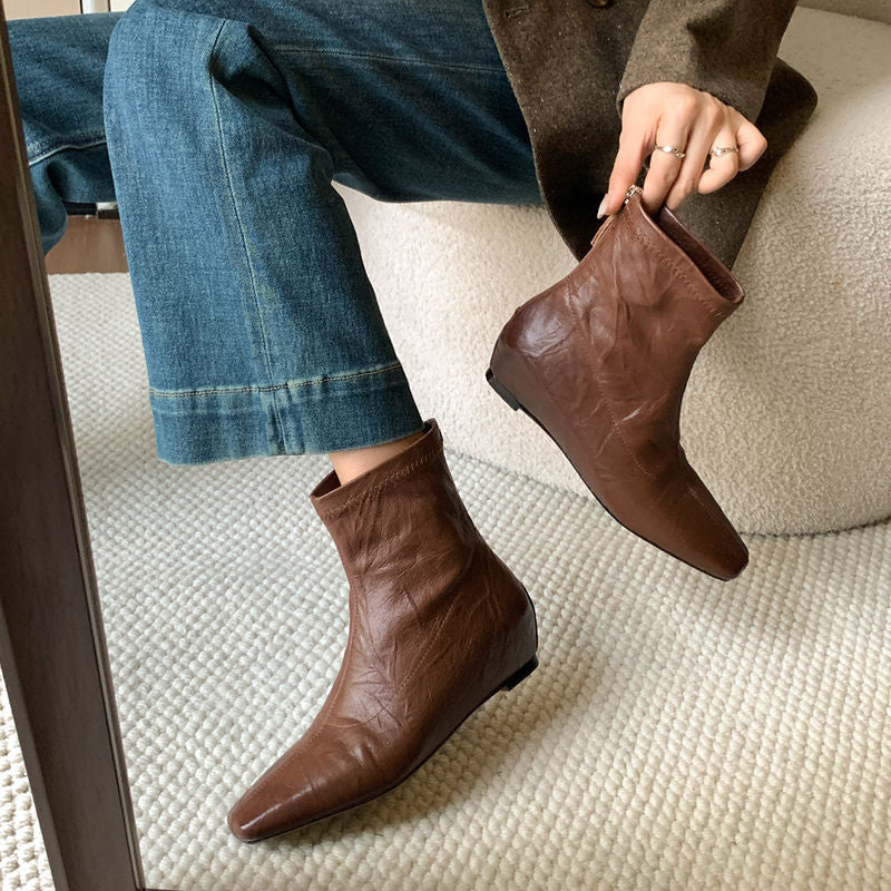 Karin Luna In Stock Spot Goods Slim Series  Hidden Wedge Small Square Toe Back Zipper Short Boots
