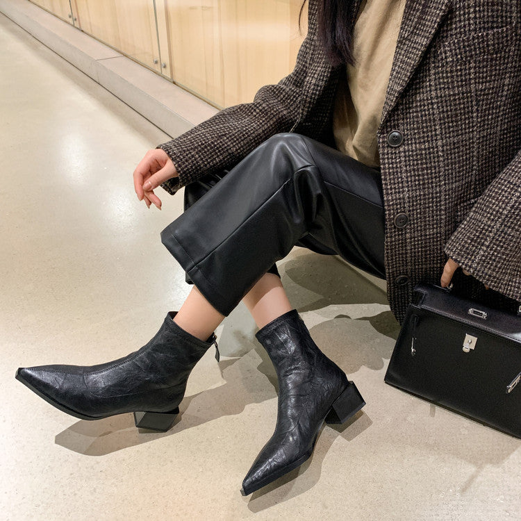 Karin Luna Elegant Style Pointed Toe Chunky Heel Short Boots