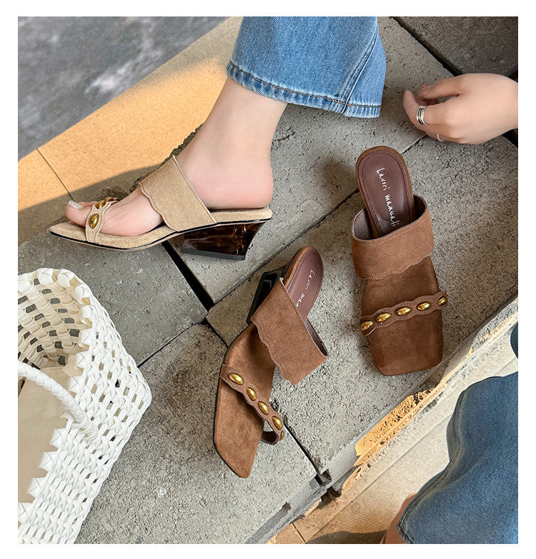 Karin Luna Hot-Selling Element Amber Heel~Spot Goods Spot Goods  Vacation Style One-Strap Amber Irregular Heel Slippers