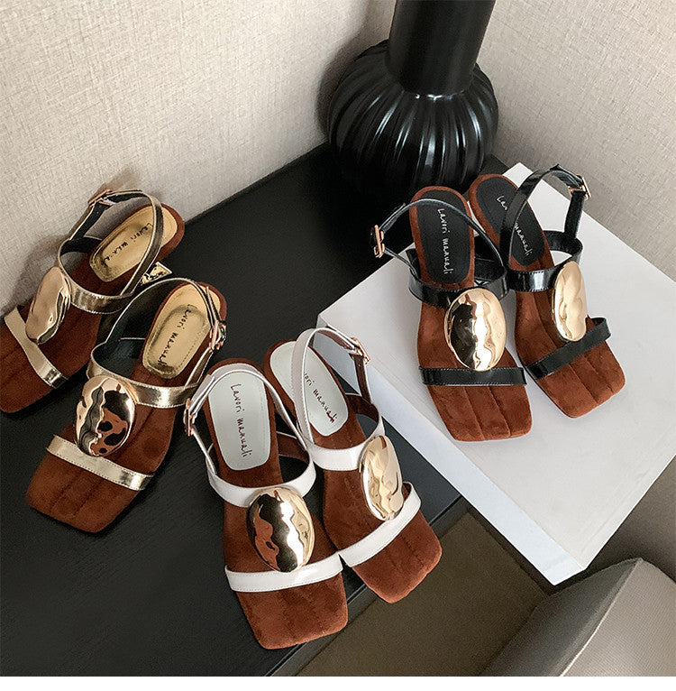 Karin Luna In Stock In Stock  Square Toe Suede Metal Heel Elegant Sandals