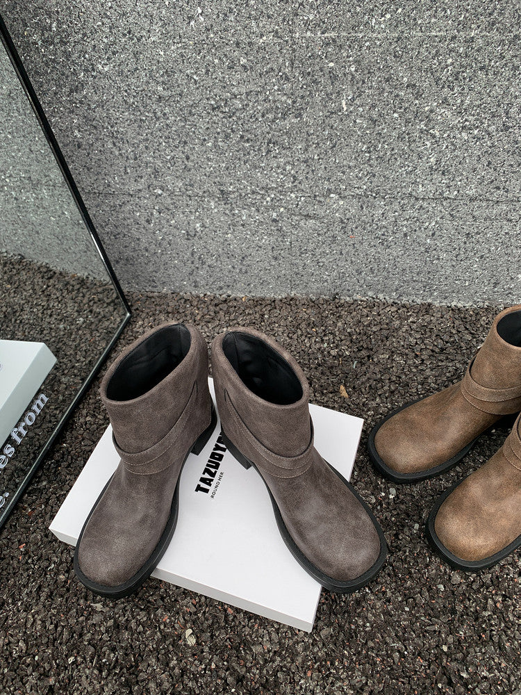 Karin Luna In Stock Spot Goods Versatile Basic Round Toe Belt Buckle Thick Sole Tube Boots