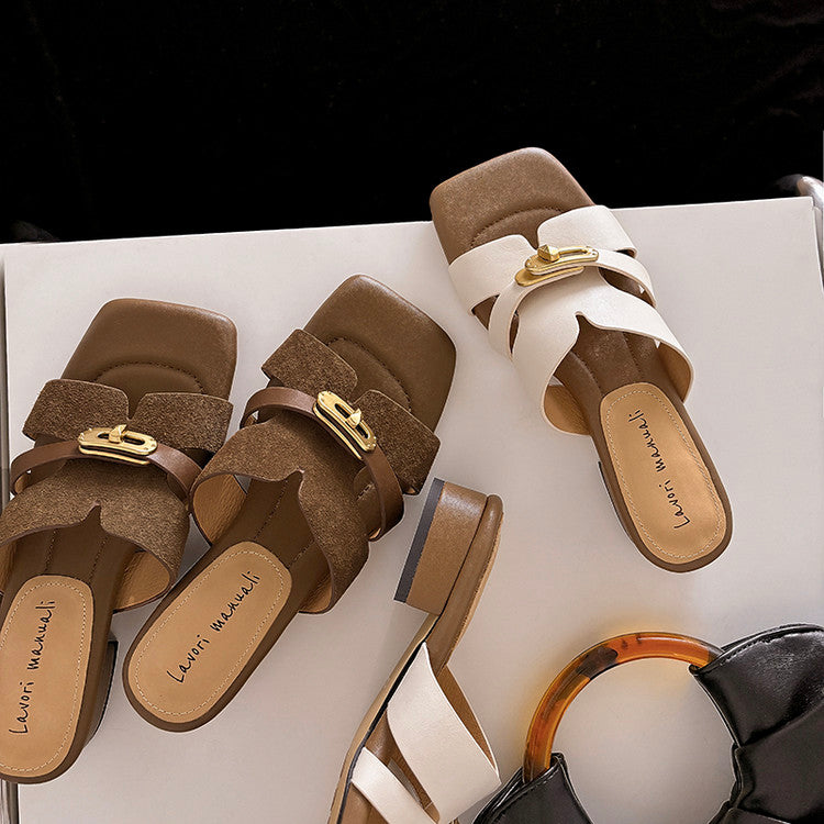 Karin Luna Comfortable Gold Buckle Square Toe Chunky Heel Casual Style Slippers